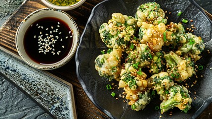 A plate of crispy broccoli tempura with a side of soy dipping sauce, arranged on a dark slate serving board