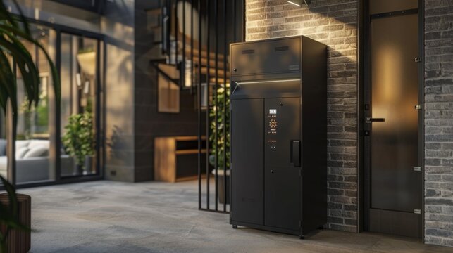 A black cabinet with a digital display sits outside a modern home with a brick wall and a glass door.