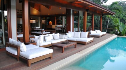 Fototapeta premium A modern tropical villa patio features a large swimming pool, comfortable lounge furniture, and lush greenery surrounding the property
