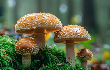 Fototapeta premium Three mushrooms are sitting on a mossy patch of ground