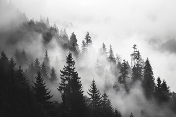 Black and white photo of a misty forest with pine trees in the foggy mountains, in a high-contrast style.


