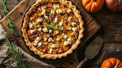 Top view of a savory carrot tart with a flaky crust, topped with goat cheese and caramelized onions, served on a rustic wooden board