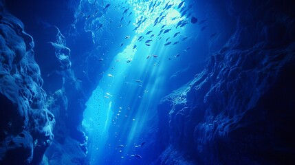 An underwater cave illuminated by bioluminescent fish, casting an ethereal glow on the rocky walls and creating a mystical atmosphere