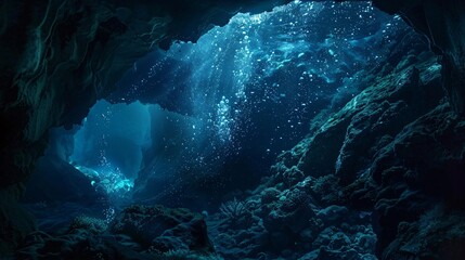 An underwater cave illuminated by bioluminescent fish, casting an ethereal glow on the rocky walls and creating a mystical atmosphere