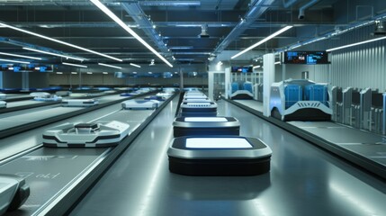 A modern airport baggage handling system with automated conveyors and robots transporting luggage.
