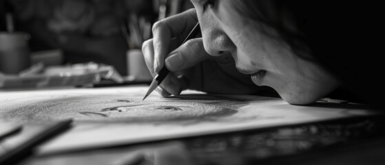 Ultra sharp image focusing on the precise moment a woman's hand moves a pencil across paper