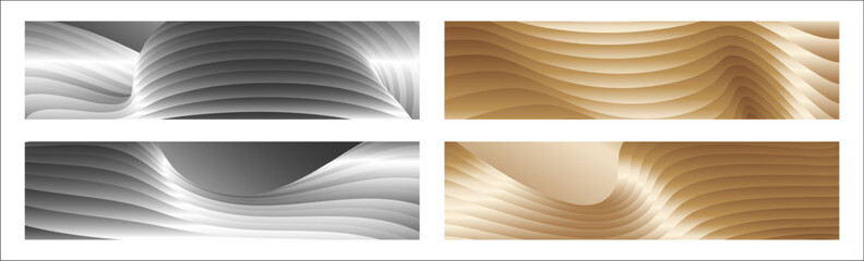 Wavy silver and gold parallel gradient lines, ribbons, silk. Set of 4 backgrounds. Black and white with shades of gray or golden silk. Banner, poster. eps vector