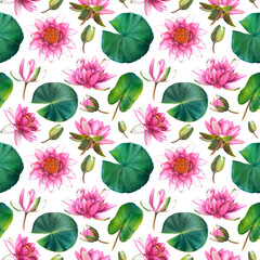 Water lilies. Watercolor seamless pattern with pink flowers and green leaves on white background. Hand painted botanical drawing. Floral illustration for textile design, wallpaper or wrapping paper.