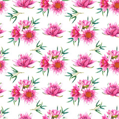 Seamless pattern with pink flowers of a water lily and a sprig of bamboo. Hand drawn watercolor illustration of exotic lotus composition for wrapping paper or textile design. Print on white background