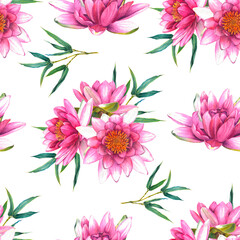 Seamless pattern with pink flowers of a water lily and a sprig of bamboo. Hand drawn watercolor illustration of exotic lotus composition for wrapping paper or textile design. Print on white background