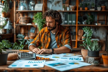 Man Working on Laptop With Charts at Desk