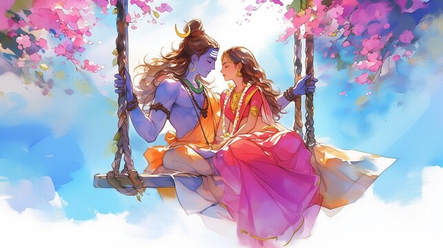 Watercolor illustration for teej with shiva and parvati on swing. 