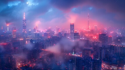 Nighttime View of Skyscrapers in a Foggy Cityscape