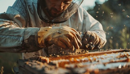 Beekeeper meticulously managing honey frames in the fresh outdoor air This close-up shot emphasizes