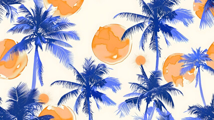 A seamless pattern of palm trees and suns in electric blue on a white background. This artistic design showcases symmetry and creative arts