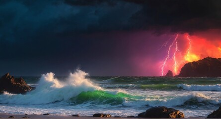 Dark stormy sea with dramatic sky and lightnings