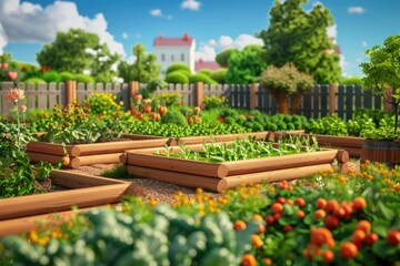 Fototapeta premium Kids learn gardening in community vegetable garden with raised beds.