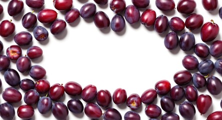 Fresh purple plum fruits on white. Top view flat lay. Copy space