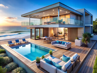 Fototapeta premium Luxury beach house with a modern design, located by the sea. 