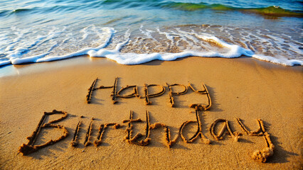 Fototapeta premium Happy birthday! - Inscription on the beach sand. 