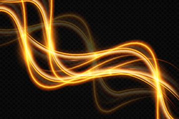 Naklejka premium Light wave of shiny gold lines.Gold color glowing design element.Wavy bright stripes. 