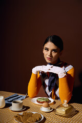 A young woman in a retro outfit sits at a table with a plate of cookies, an egg, and a glazed donut.