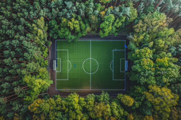 Obraz premium A soccer field in the middle of a forest.