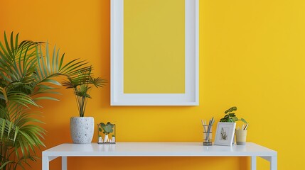 Simple and colorful office mockup with a bright yellow wall, minimalist white desk, and an empty white frame in a  layout.
