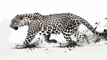 Fototapeta premium A sleek leopard, mid-prowl, is depicted in bold black strokes on a white canvas