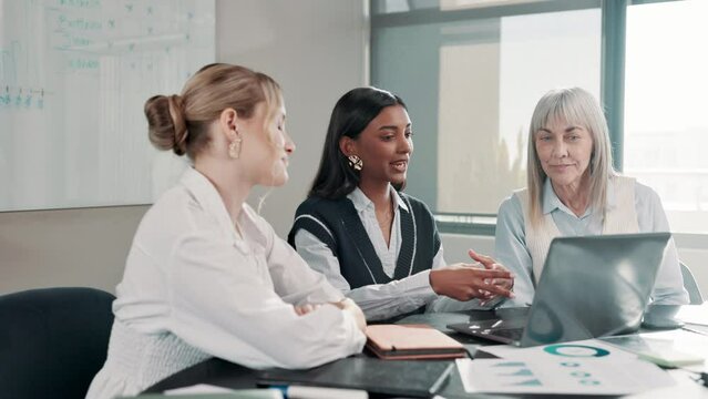 Business people, group and brainstorming ideas on laptop, planning or discussion in creative startup. Team, meeting and strategy for social media analysis, data or stats with public relations manager