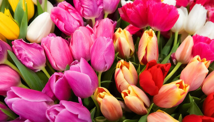 Fototapeta premium Colourful fresh tulips on sale in flower market. flat lay. top of views background