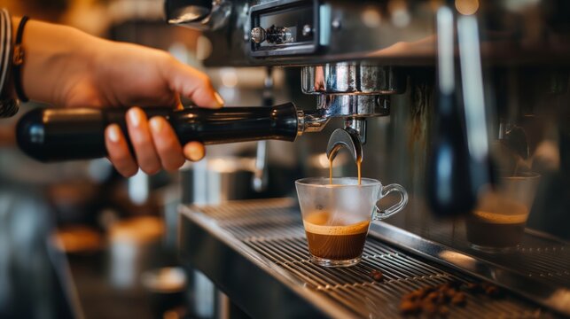 A barista prepares an espresso shot, showcasing the rich brew and aroma of freshly made coffee.