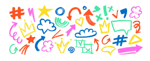 Set of charcoal drawn symbols: flowers, cloud,  arrows, stars,  crowns,  crosses, swirls and dots with dry brush texture.  Bold graffiti style shapes. Vector trendy illustration.