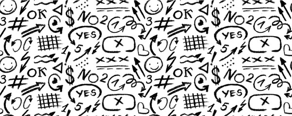 Seamless pattern with geometric shapes. White background with geometric figures like circles, arrows, triangles, squares and wavy lines. Abstract vector seamless pattern.