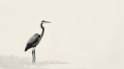 Obraz premium A solitary heron, standing still, is illustrated in minimalist black ink on a white canvas