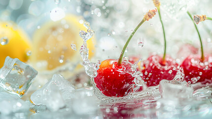 cherries and lemon slices in water splash as symbol fro fresh and tasty fruit or fruit juice
