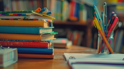 A stack of textbooks and school supplies neatly arranged on a student's desk