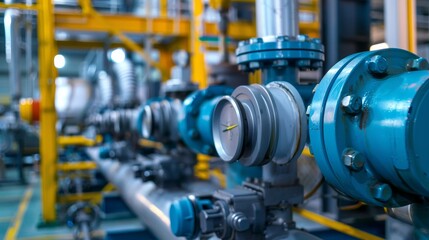 Close-up of Blue Industrial Pipe and Valve in Factory Setting