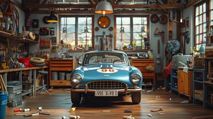 Fototapeta premium Vintage Sports Car in a Workshop - Generative AI