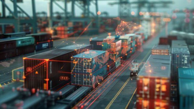 A row of cargo containers at a busy port are illuminated with digital data overlays. This image represents the flow of global trade and the use of technology in shipping.