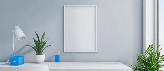 Sleek office mockup with a minimalist white desk, bright blue accents, and an empty white frame on a light grey wall in a  format.