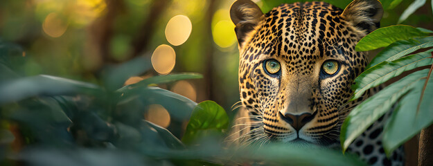 Extreme close-up of a leopard eyes staring directly into the camera, framed by lush jungle foliage, capturing the essence of the wild