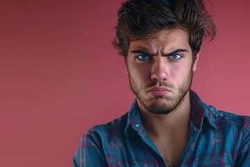 Obraz premium Discontented Young Man Against red Backdrop with Ample Copy Space