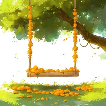 Watercolor illustration for the teej festival with a traditional swing hanging on tree.
