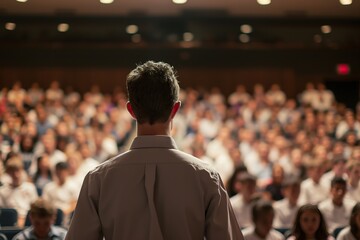 A person stands at a podium, addressing a large, seated audience in a well-lit auditorium.
