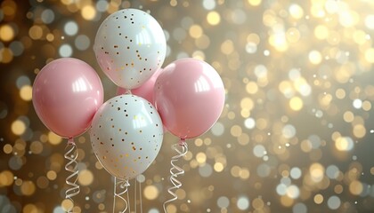 Festive balloons in white and pink on a golden bokeh background, birthday balloons, greeting balloons