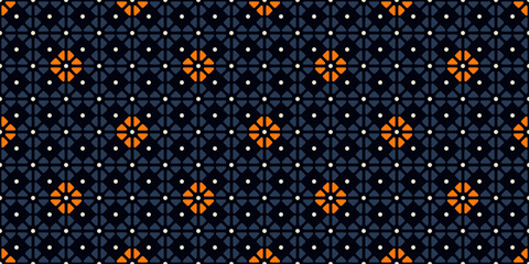 Elegant pattern small orange flowers motif seamless classic blue floral background. Modern geometric style fabric design textile swatch ladies dress allover print block. © akilev