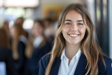Fototapeta premium Young woman smiling confidently in formal attire, blurred crowd in background.