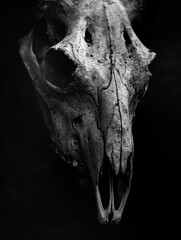 Animal skull, scary, on a black background, in dark white and silver tones, black and white photography, high contrast, sharp, super contrast, no blur, no bokeh, focused.