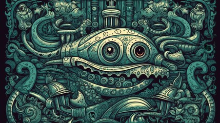 Relief image of a submarine with eyes surrounded by many tentacles. Art composition. Illustration for cover, card, postcard, interior design, decor or print.